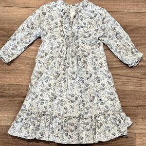 Elephantito Girls 6 Blue and Gray Floral Long Sleeve Button Ruffle Dress